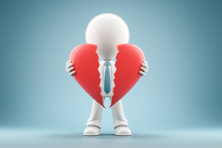 A concept of trying to fix a failed business partnership or deal. A character in a suit and tie holds the two halves of a large, broken red heart.の素材
