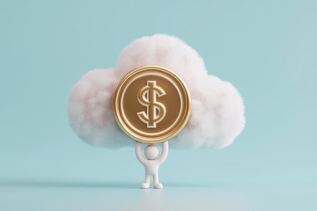 A small but strong character lifts a large golden dollar coin backed by a cloud, symbolizing the power of cloud finance, digital banking, and the online economy.の素材