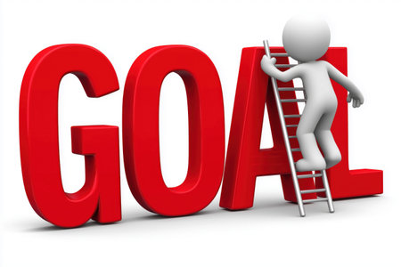 A character climbs a ladder that is part of the large red word 'GOAL', symbolizing the effort and ambition required to achieve business objectives.の素材