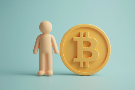 A simple, minimalist character stands confidently next to a large golden Bitcoin coin, representing a belief in and commitment to cryptocurrency investment.の素材