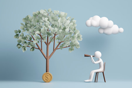 A character sits and looks through a telescope at a money tree, symbolizing the search for a profitable investment and long-term financial growth.の素材