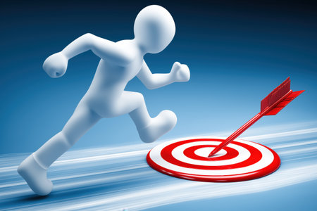 A character runs at full speed towards a red target with an arrow in the bullseye, symbolizing a determined pursuit of business goals and objectives.の素材