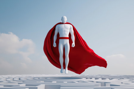 A powerful superhero character with a red cape hovers above a white maze, symbolizing a leader with the vision to navigate complex business challenges.の素材