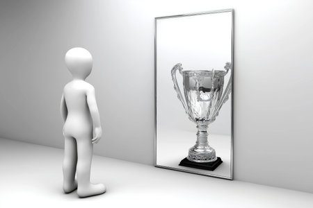 A character looks into a mirror and sees a reflection of a large silver trophy, symbolizing the visualization of success and the ambition to win.の素材