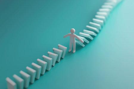 A 3D character stands in the middle of a line of falling dominoes, stopping the chain reaction, which represents crisis intervention and problem prevention.の素材