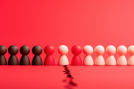 A line of game pawns of different colors is divided by a crack in the ground, symbolizing social division, conflict, racism, or political polarization.の素材