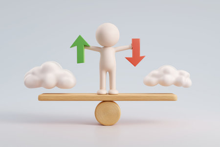A character balances on a wooden plank, holding a green 'up' arrow and a red 'down' arrow, representing financial stability and risk management.の素材