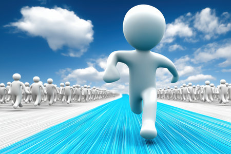 One character runs ahead of a large crowd on a distinct path, illustrating the concept of leadership, competitive advantage, and leading the market.の素材
