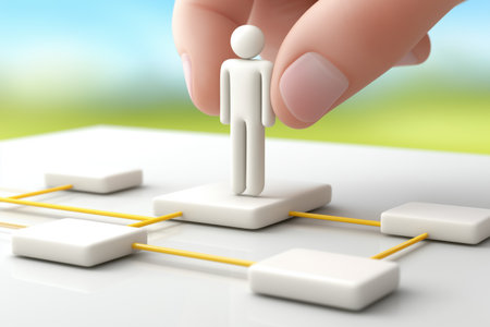 A hand carefully places a person figure onto a specific spot in a network, symbolizing strategic hiring, team building, and organizational structure concepts.の素材
