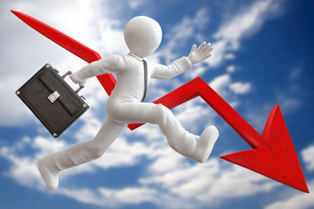 A businessman with a briefcase jumps over a large red downward-pointing arrow. Represents overcoming a business crisis or navigating a market decline.の素材
