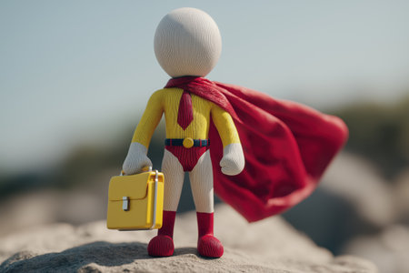 A superhero figure in a professional suit with a red cape and tie stands powerfully, holding a briefcase, ready to lead or protect a business.の素材