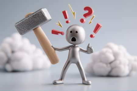A metallic figure holds a hammer, looking shocked with exclamation and question marks overhead, symbolizing being overwhelmed by business problems.の素材
