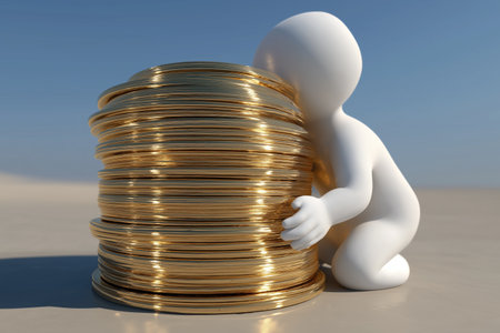A character lovingly hugs a large stack of gold coins, symbolizing the protection of assets, financial security, and the value of business investments.の素材