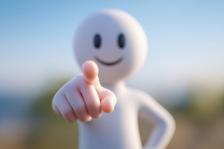 A smiling, blurred 3D person points directly at the camera, a business conception for hiring, recruitment, and making a personal connection. We want you.の素材