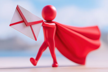 A red superhero with a flowing cape confidently carries a large envelope, a business concept for important communication, priority mail, or vital data.の素材