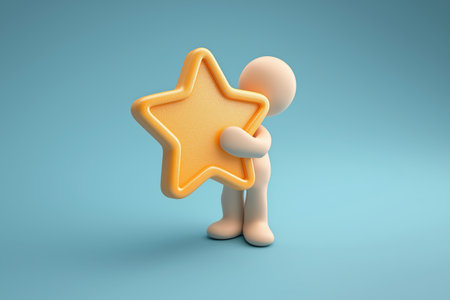 A 3D person lovingly embraces a large, glittering gold star, a business conception for achieving a goal, customer satisfaction, or receiving a top rating.の素材