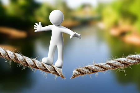 A concept of high risk and imminent danger, with a 3D character carefully balancing on a thick rope that is snapping and about to break over a blurry background.の素材