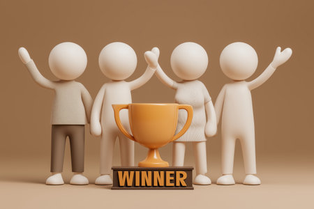 A diverse team of four 3D people celebrates their joint success around a trophy on a winner's podium, symbolizing collaborative business achievement.の素材