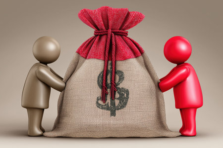A concept of a joint venture, shared profits, or a successful business partnership. Two characters, one brown and one red, hold a giant bag of money.の素材