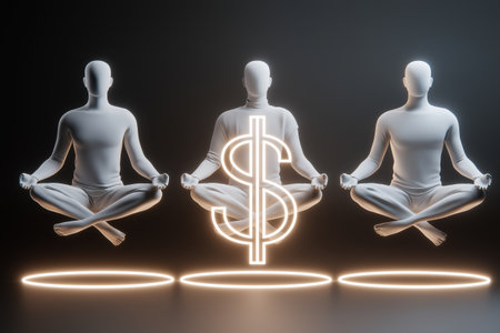 Three figures levitate in a meditative pose with a glowing dollar sign in the center, representing focus on financial goals, mindfulness, and business strategy.の素材