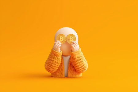 A character holds two golden Bitcoins over their eyes, symbolizing a singular focus on cryptocurrency, digital finance, and investment in the crypto market.の素材