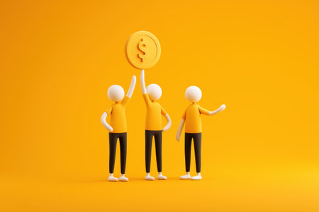A concept of teamwork and financial goals, with three 3D characters working together to lift and present a large golden coin with a dollar symbol.の素材