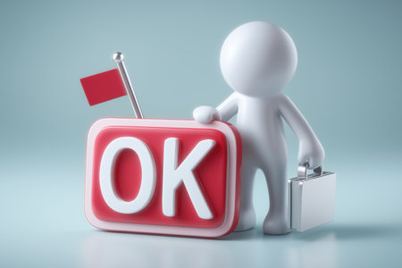 A businessman with a briefcase stands next to a large 'OK' sign with a red flag, symbolizing that a project has been approved and is ready for launch.の素材