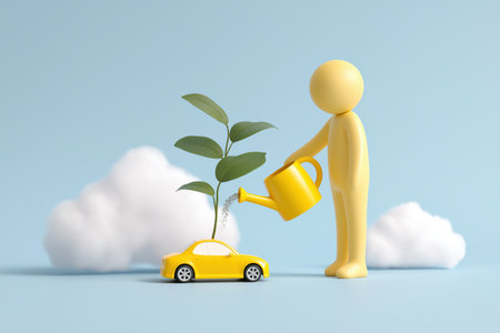 A character waters a plant growing from a car, symbolizing investment in the automotive sector, sustainable transport, and the growth of green technology.の素材