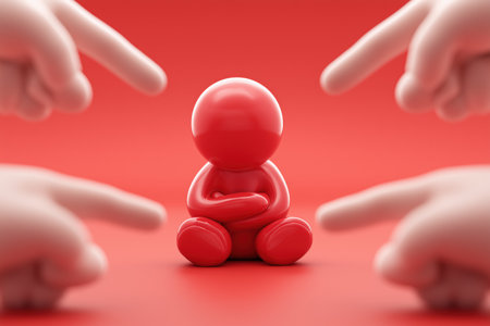 A small red character sits defensively as multiple large fingers point accusingly, symbolizing blame, criticism, and judgment in a corporate setting.の素材