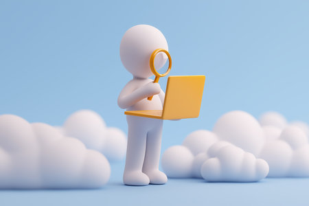 A character uses a magnifying glass to examine a laptop screen, symbolizing online research, data analysis, and detailed business investigation.の素材