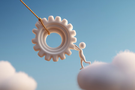 A figure on a cloud pulls a large gear with a rope. It represents managing business processes, system improvements, and pulling things into place.の素材