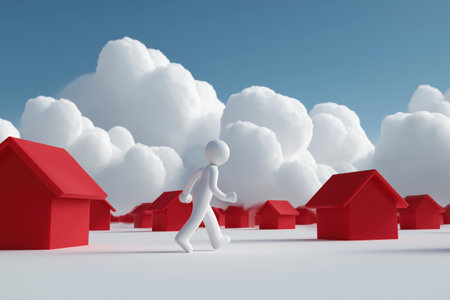 A figure walks through a neighborhood of identical red houses. This symbolizes searching for a home, the real estate market, and finding the right property.の素材