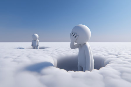 One character covers their face in despair in a pit of clouds, while another stands in the distance, depicting business failure, loss, and isolation.の素材