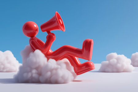 A relaxed red character with a megaphone rests on a cloud, symbolizing public relations, marketing announcements, and broadcasting a message to the world.の素材