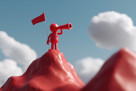 A red character stands on a mountain peak looking through a telescope. A business metaphor for vision, future planning, setting goals, and exploring new markets.の素材