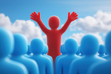A red leader stands before a crowd of blue people with open arms. A business concept for influence, public speaking, leadership, and a warm welcome or reception.の素材