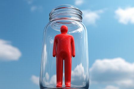 A red figure is seen trapped inside a large glass jar against a blue sky, illustrating a sense of confinement, limited opportunities, or being stuck.の素材
