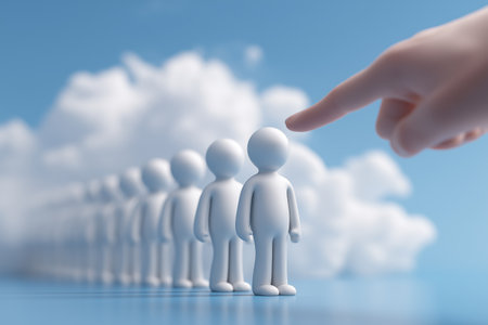 A giant finger points to select one person from a long line of identical figures. Represents recruitment, choosing the right employee, and human resources.の素材