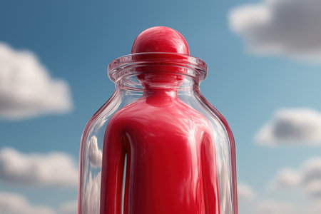 A close-up of a red figure confined within the neck of a glass bottle, depicting a sense of being trapped, limited potential, or a career bottleneck.の素材