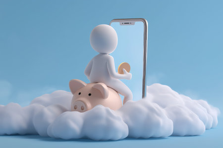 A figure puts a coin into a piggy bank while riding it, next to a smartphone. Represents mobile banking, digital savings, and online financial management.の素材