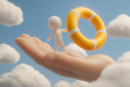 A large hand holds a small figure with a lifebuoy. This symbolizes business insurance, financial support, safety, and help during a crisis.の素材