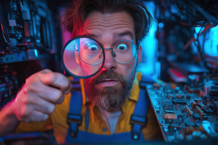 A comically surprised technician with a beard and glasses peers through a magnifying glass, closely inspecting a computer motherboard in a neon-lit workshop.の素材