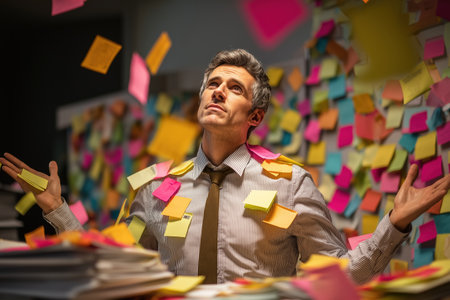 A stressed and confused office worker in a suit and tie is covered in a multitude of reminder sticky notes, spreading his hands in a gesture of desperation.の素材