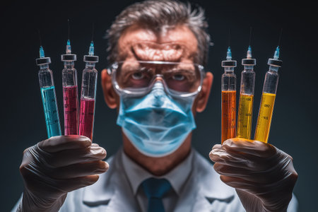 A serious-looking scientist in a protective mask and goggles presents multiple syringes filled with red, blue, and yellow liquids, suggesting vaccination or dangerous experiments.の素材