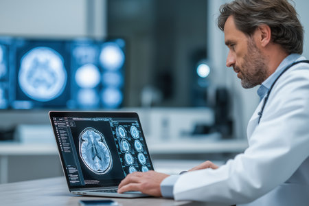 A mature male neurologist in a white coat meticulously examines a patient's MRI brain scans on a laptop screen, concentrating on diagnostics in a modern clinic.の素材
