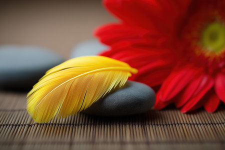 A delicate yellow feather rests on smooth, dark gray spa stones next to a vibrant red gerbera flower, creating a tranquil and relaxing atmosphere for meditation.の素材