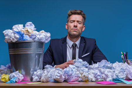 A tired and uninspired office worker with closed eyes sits at his desk with a large trash can, completely surrounded by a mess of discarded, crumpled ideas.の素材