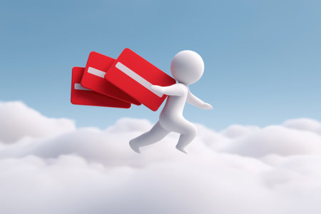 A running figure is propelled through the clouds by wings made of red credit cards. Symbolizes financial freedom, business credit, and fast transactions.の素材