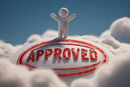 A triumphant figure stands with arms raised on a large 'Approved' stamp among the clouds. Symbolizes successful validation, project approval, or goal completion.の素材