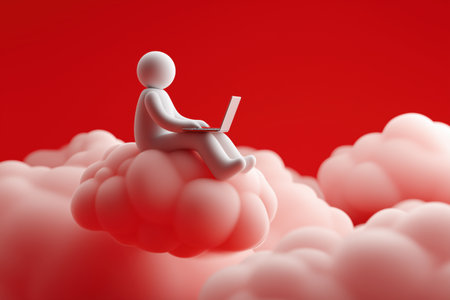 A person sits with a laptop on a cloud against a red background, illustrating the concept of remote work, cloud computing, and flexible business operations.の素材